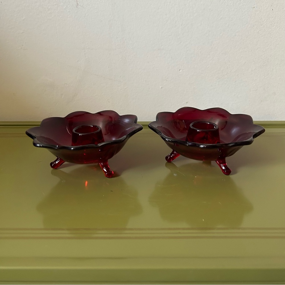 Vintage Amberina Fenton “Lotus” 3- Toed Candlestick Holders